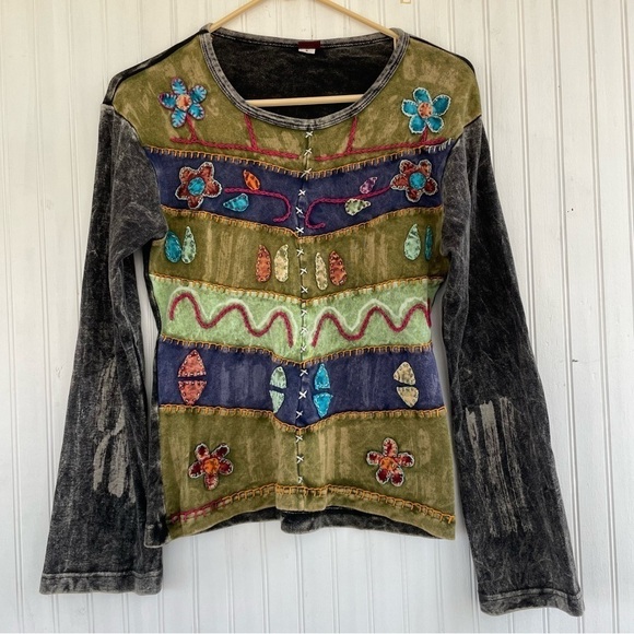 KPC Women's Moss Green Gray Artsy Boho Patchwork Long sleeve Top Size Medium - Picture 2 of 8